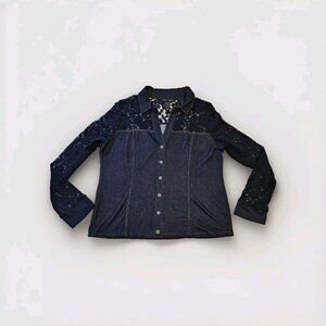 Elena Wang Top Womens L Indigo LS Lace Pullover Chambray Stretch Boho Whimsigoth